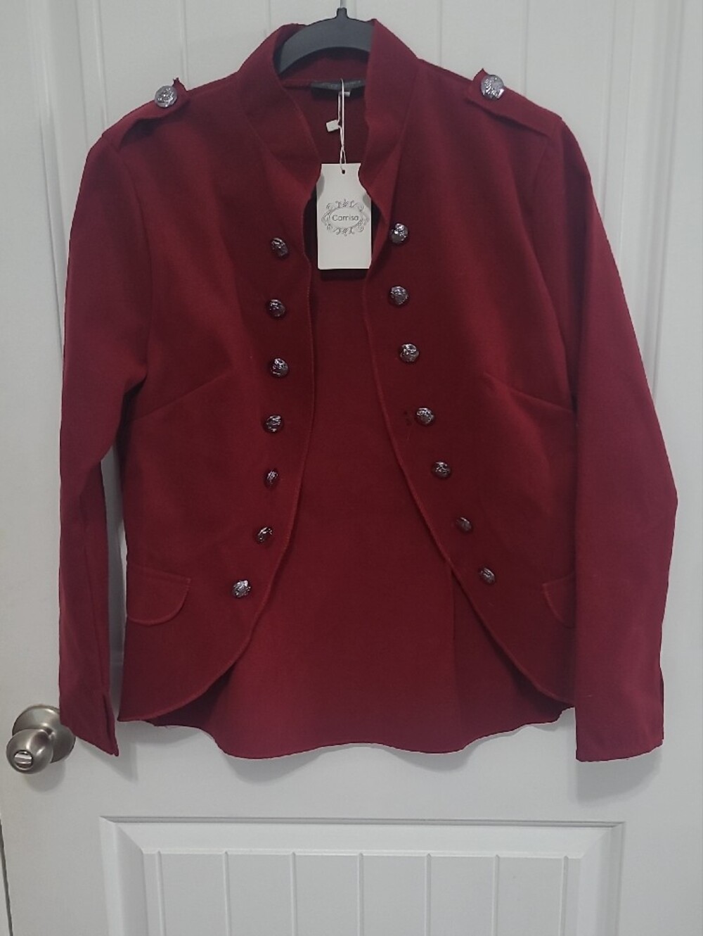 Women's Burgundy Military-Style Button Blazer - Picture 3 of 4